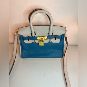 Designer Inspired Leather Mini Birkin - Blue and Grey
